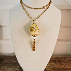 Vintage Egg Pendant Necklace Gold Tone Birds Floral Cottagecore Easter Spring